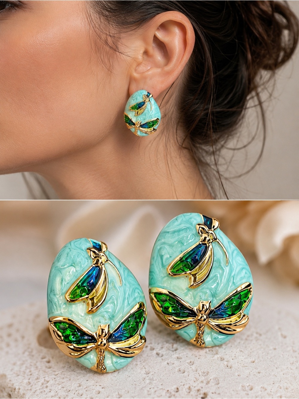 Gold Dragonfly Teal Drop Earrings - Women Jewelry